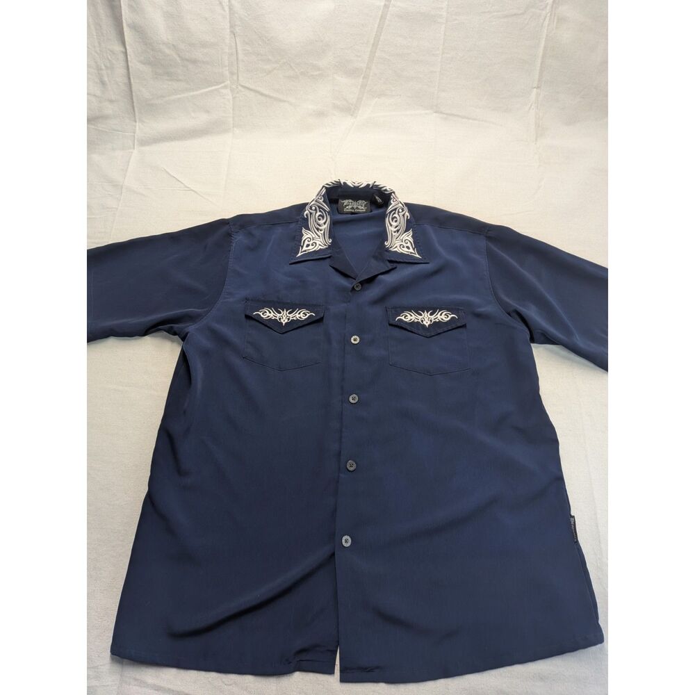 Y2K Tribal Biker Western Navy Embroidered Button Up Dragonfly Shirt
